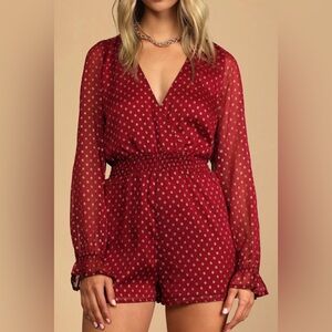 Lulu's Burgundy and Gold Polka Dot Romper Size XS